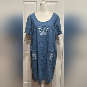 Vintage C.B. Casual Blue Denim Chambray Shift Dress Embroidered Butterflies